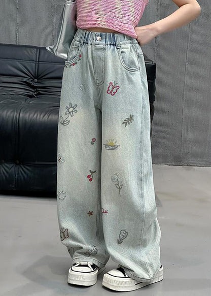 Fine Denim Blue Print Elastic Waist Girls Straight Pants Spring TV002