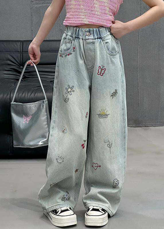 Fine Denim Blue Print Elastic Waist Girls Straight Pants Spring TV002