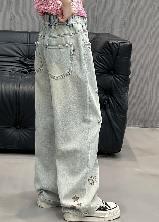 Fine Denim Blue Print Elastic Waist Girls Straight Pants Spring TV002