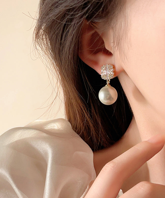 Fine Gold Copper Alloy Zircon Pearl Stud Earrings WH032