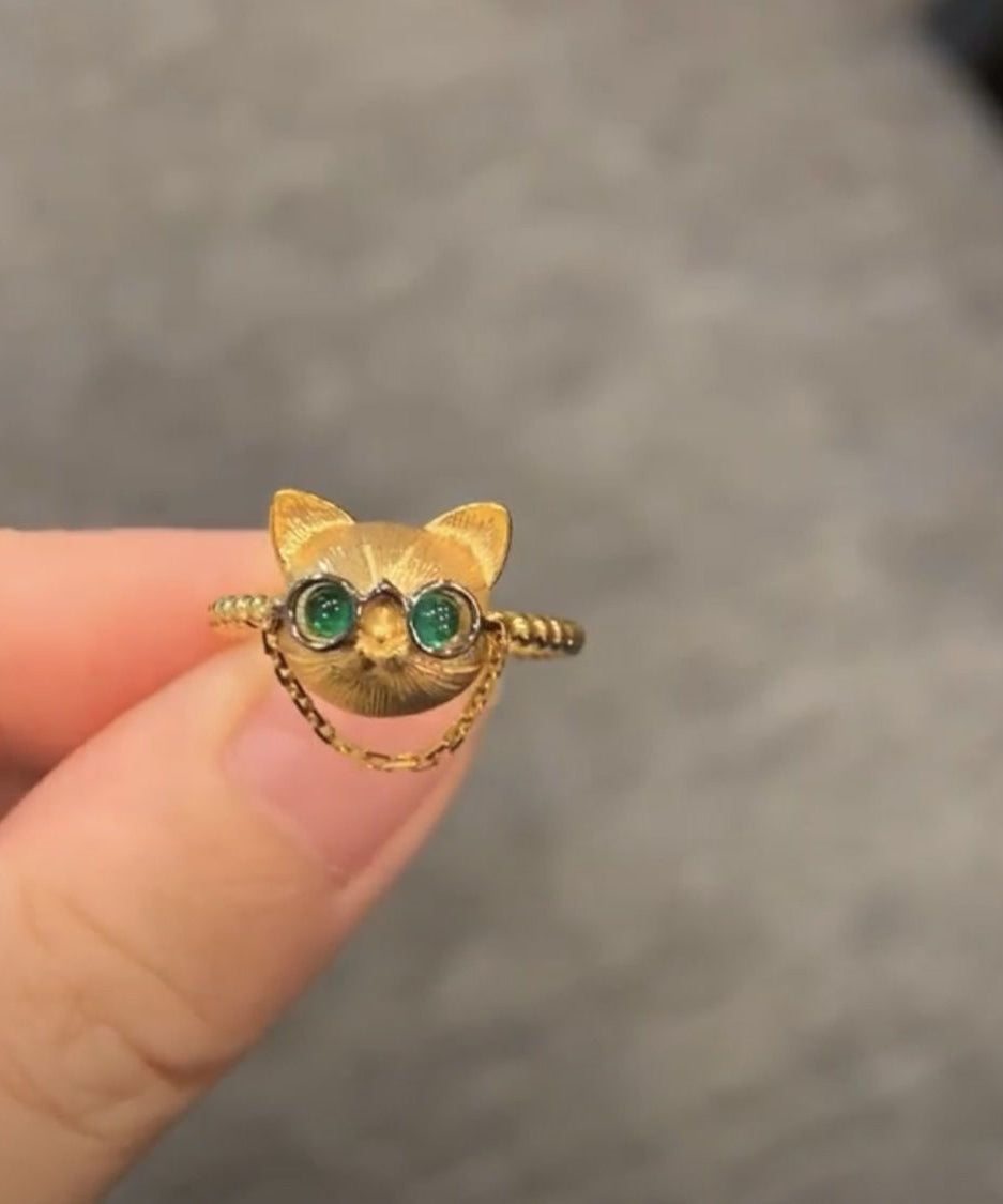 Fine Gold Sterling Silver Overgild Little Cats Rings YI017