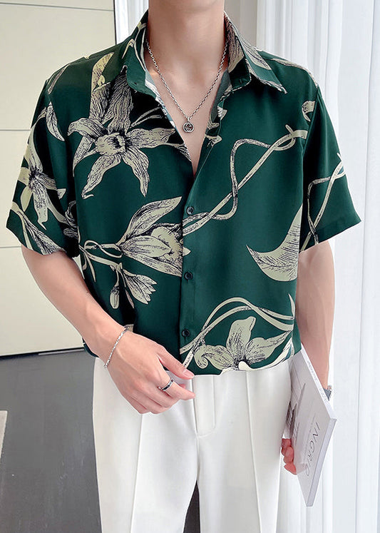 Feine grüne Peter Pan Kragen Druck lose Männer Hawaiian Shirts Sommer HG031