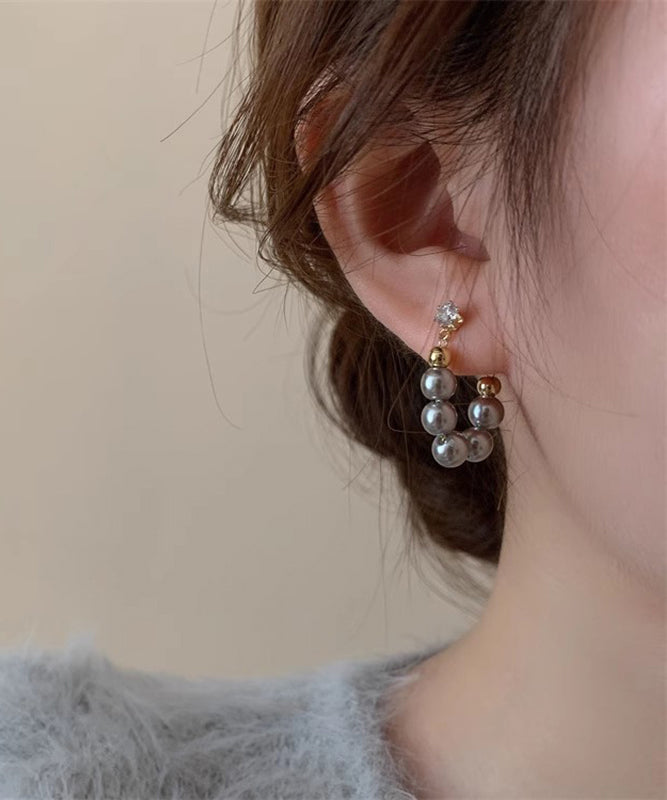 Fine Grey Copper Alloy Pearl Beading Hoop Earrings TS011