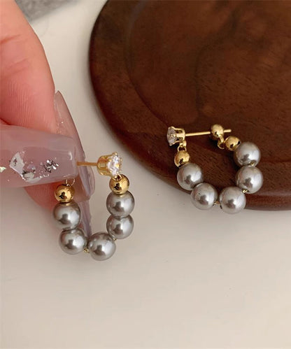 Fine Grey Copper Alloy Pearl Beading Hoop Earrings TS011