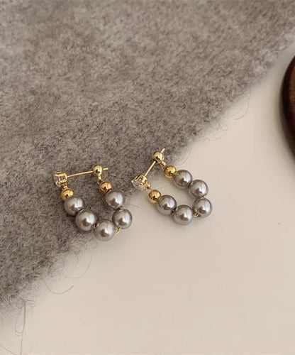 Fine Grey Copper Alloy Pearl Beading Hoop Earrings TS011