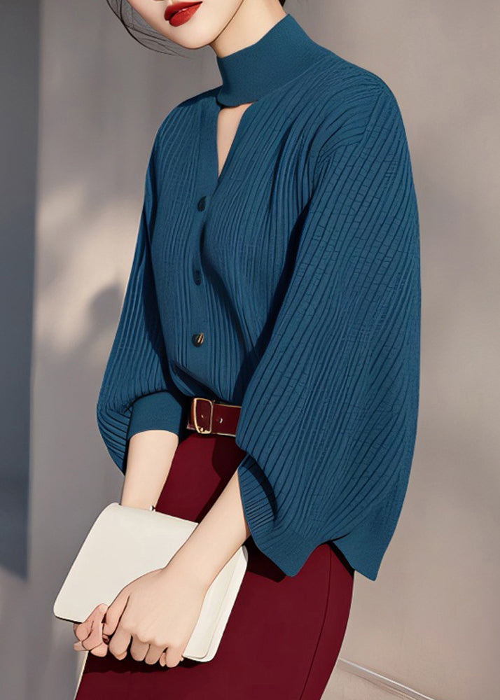 Fine Peacock Blue Turtleneck Hollow Out Cotton Knit Sweater Spring TO038