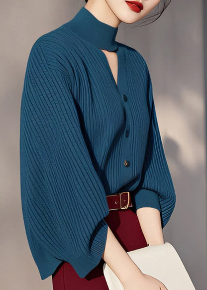 Fine Peacock Blue Turtleneck Hollow Out Cotton Knit Sweater Spring TO038