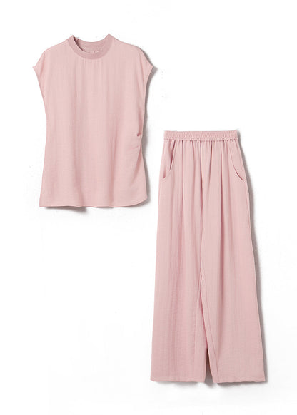 Feines rosa O-Ausschnitt-Oberteil und weite Hose aus Seide und Leinen, zweiteiliges Set für den Sommer, WW028