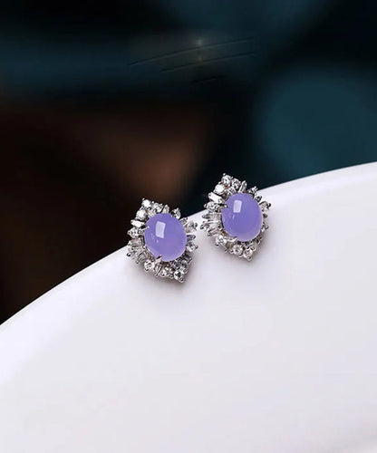 Fine Purple Sterling Silver Inlaid Zircon Jade Stud Earrings AC1050