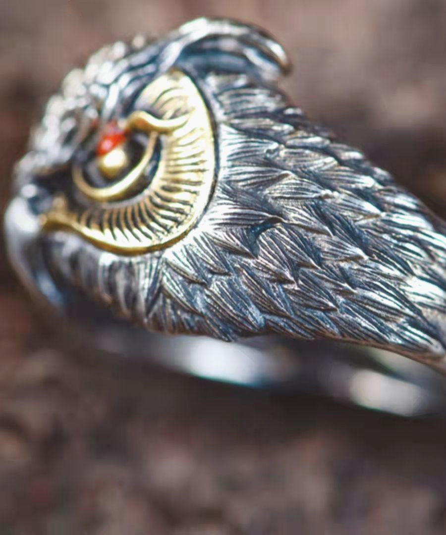 Fine Red Sterling Silver Agate Owl Open Rings YI022