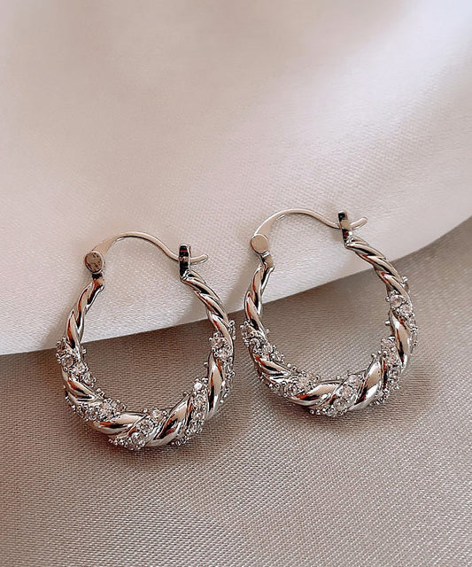 Fine Silk Sterling Silver Overgild Zircon U Shaped Fried Dough Twist Hoop Earrings QQ044