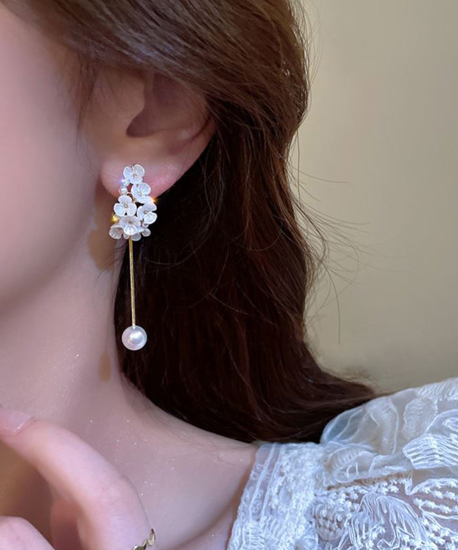 Fine White Copper Alloy Zircon Pearl Floral Tassel Drop Earrings EY019