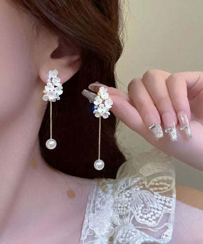 Fine White Copper Alloy Zircon Pearl Floral Tassel Drop Earrings EY019