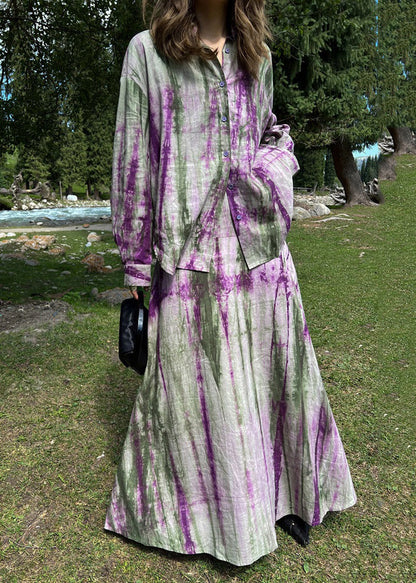 Fitted Purple Peter Pan Collar Tie Dye Shirts And Maxi Skirts Two Piece Set Long Sleeve VB1041