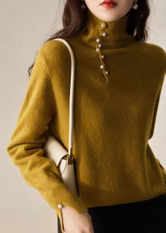 Fitted Yellow Hign Neck Bead Button Woolen Sweater Spring TO018