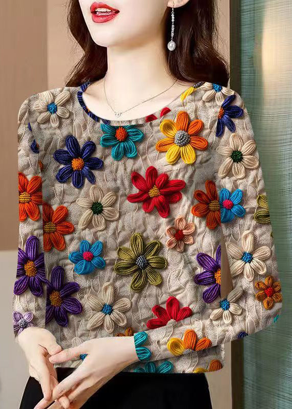 Floral Khaki O Neck Patchwork Cotton T Shirt Fall RK035