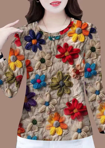 Floral Khaki O Neck Patchwork Cotton T Shirt Fall RK035