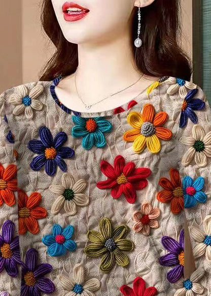 Floral Khaki O Neck Patchwork Cotton T Shirt Fall RK035