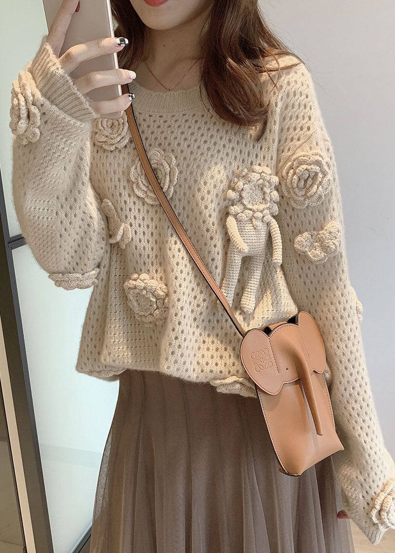 French Apricot O Neck Hollow Out Floral Knit Sweaters Fall WE008