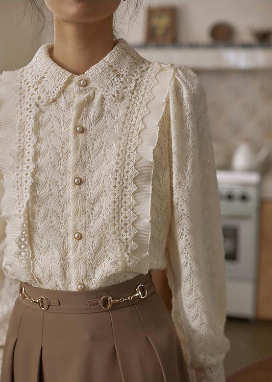 French Apricot Ruffled Button Patchwork Lace Shirt Long Sleeve TU008