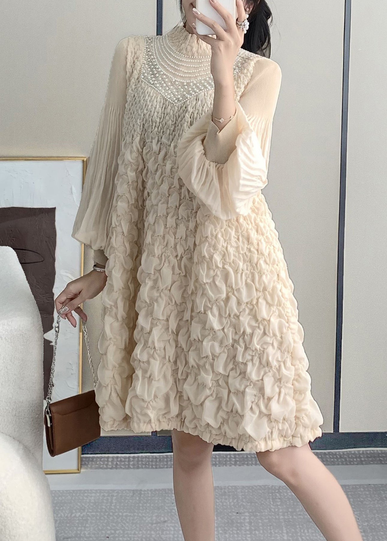 French Beige Stand Collar Wrinkled Nail Bead Mid Dress Lantern Sleeve TA002