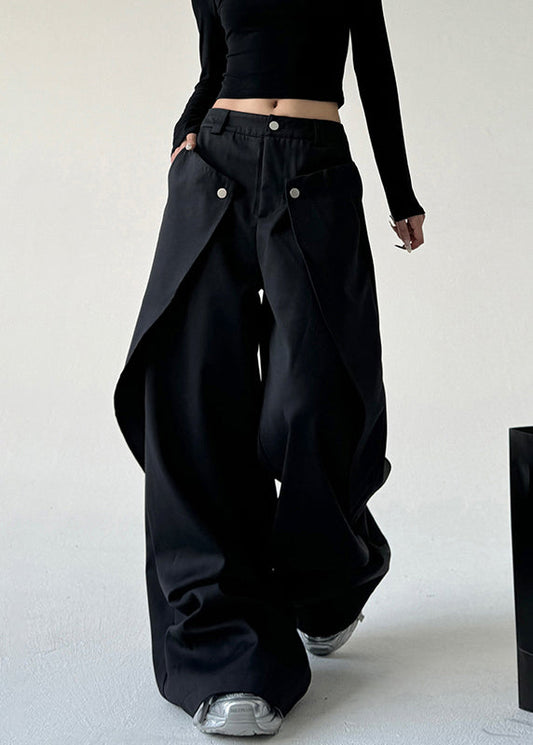 French Black Asymmetrical Pockets Draping Straight Pants Spring TA059