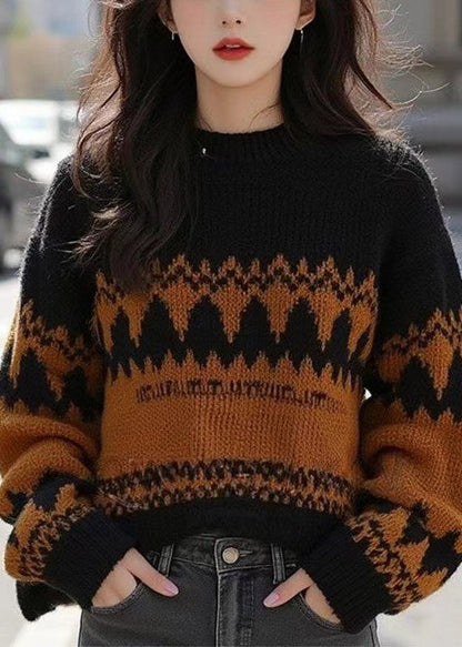 French Black O Neck Cozy Patchwork Wool Knit Sweater Winter WX015