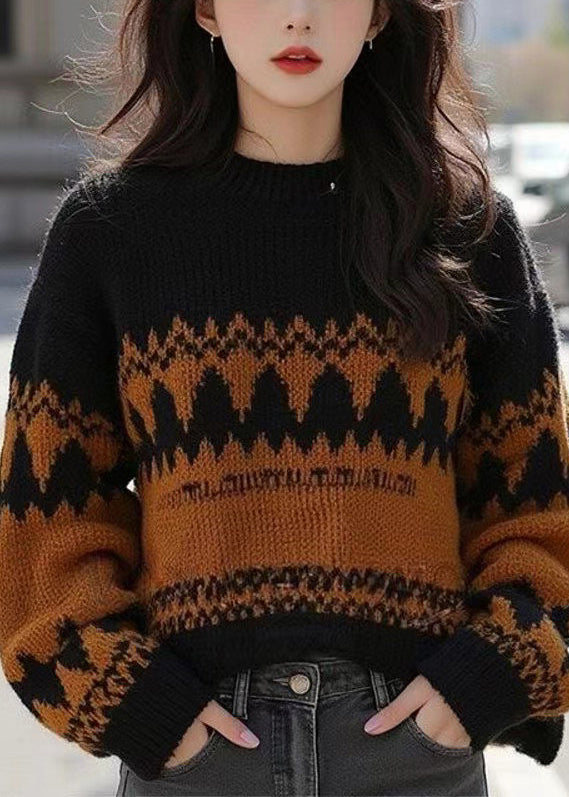 French Black O Neck Cozy Patchwork Wool Knit Sweater Winter WX015