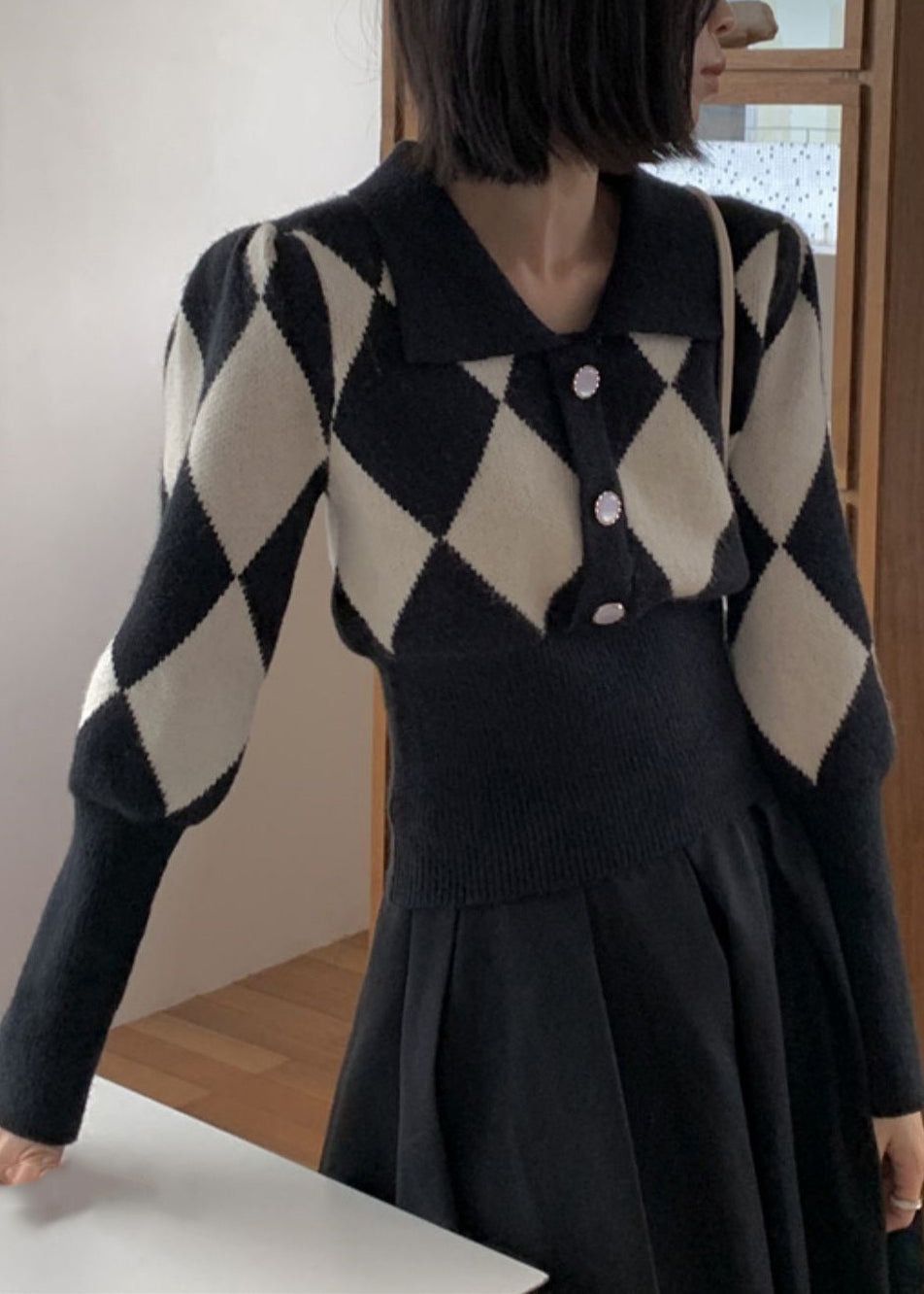 French Black Peter Pan Collar Plaid Knit Sweaters Fall TU053