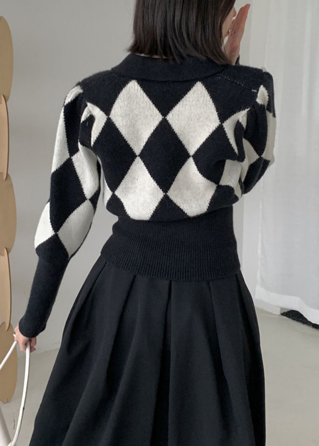 French Black Peter Pan Collar Plaid Knit Sweaters Fall TU053