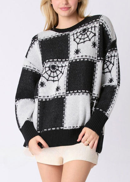 Französischer schwarzer karierter gemütlicher Patchwork-Strickpullover Herbst AE1026