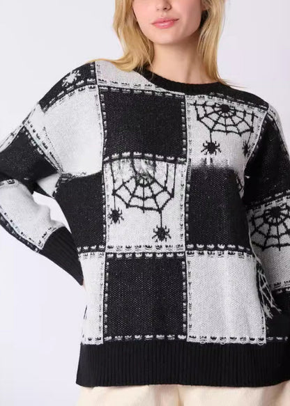 Französischer schwarzer karierter gemütlicher Patchwork-Strickpullover Herbst AE1026