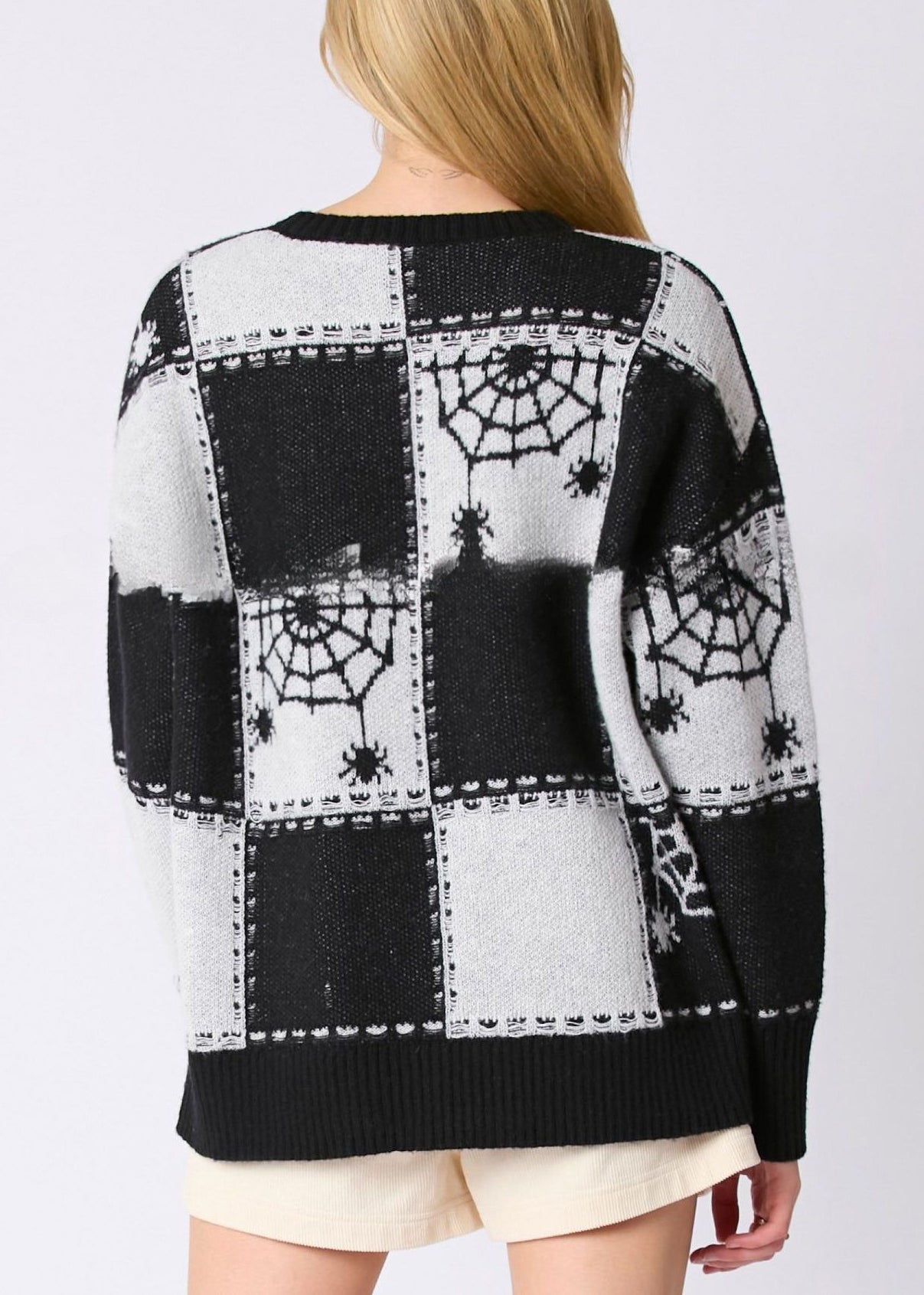 Pull en tricot patchwork confortable à carreaux noirs français Automne AE1026