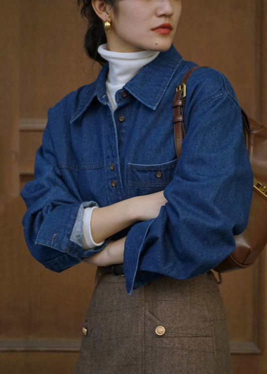 French Blue Peter Pan Collar Button Pockets Denim Shirts Fall TU005