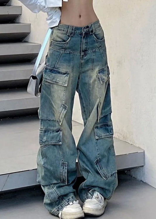 Pantalon en jean bleu français avec poches et taille élastique pour l'automne QF041