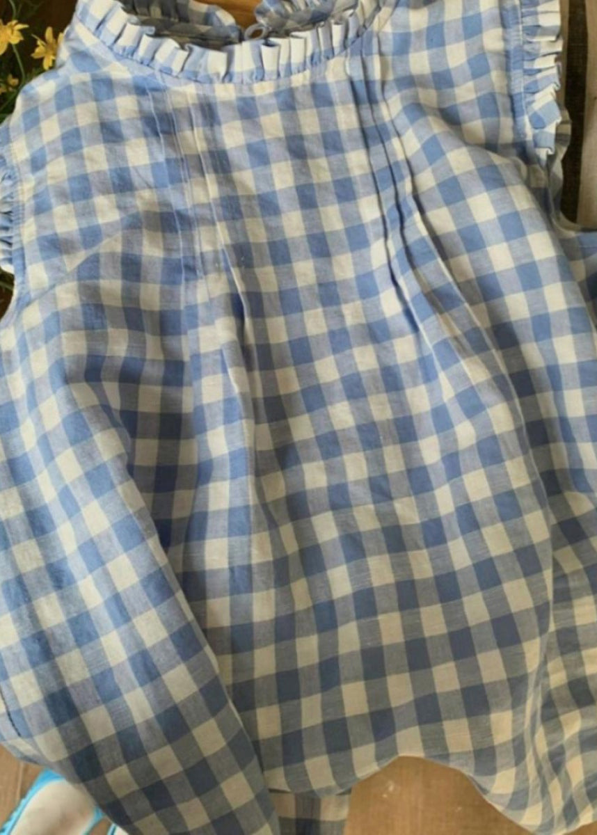 French Blue Ruffled Plaid Loose Cotton Top Summer QK015