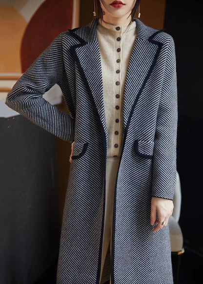 Manteau en laine à poches rayées bleu français automne AB1042