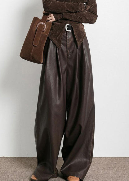 French Brown Pockets High Waist Faux Leather Pants Fall AW1013