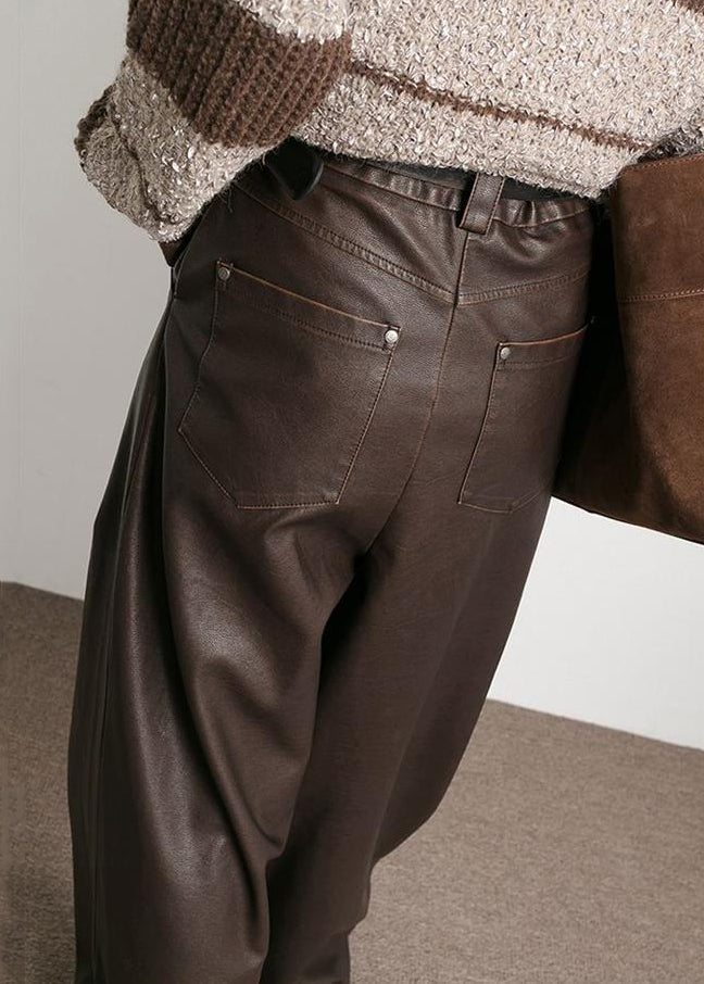 Pantalon en similicuir taille haute avec poches marron français Automne AW1013