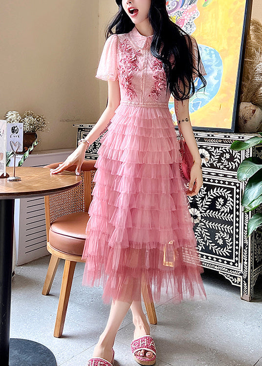 French Pink Embroidered Ruffled Patchwork Tulle Dresses Summer ZL041