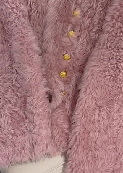 French Pink O-Neck Button Faux Fur Coats Spring TQ004