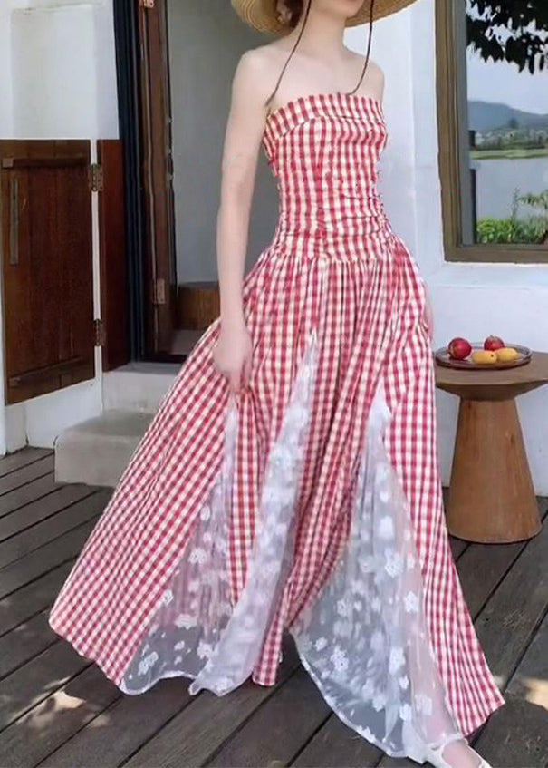 Robe d'été à épaules dénudées en patchwork de dentelle à carreaux rouges français ZL068