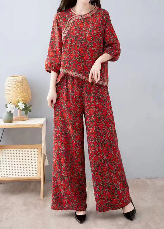 French Red Print Tops und Hosen Baumwolle Zweiteiler Set Halbarm AU1053