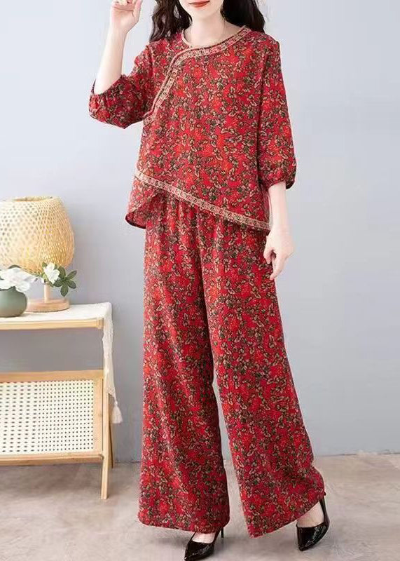 French Red Print Tops And Pants Cotton Two Pieces Set Half Sleeve AU1053