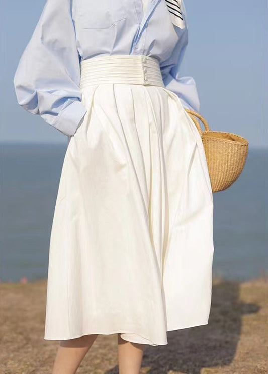 French White High Waist Pockets Patchwork Cotton Skirt Fall TU050