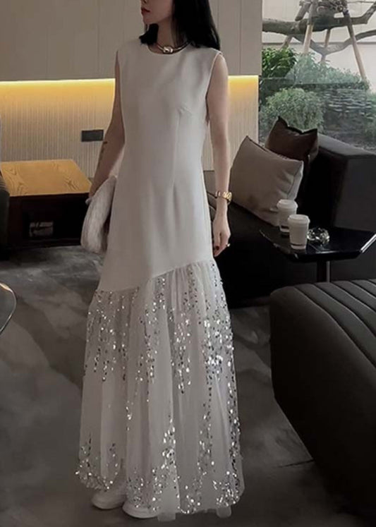 Robe patchwork en tulle à paillettes et col rond blanc français sans manches ZL045