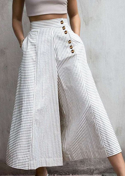 French White Striped Cotton Wide Leg Pants Spring TL014