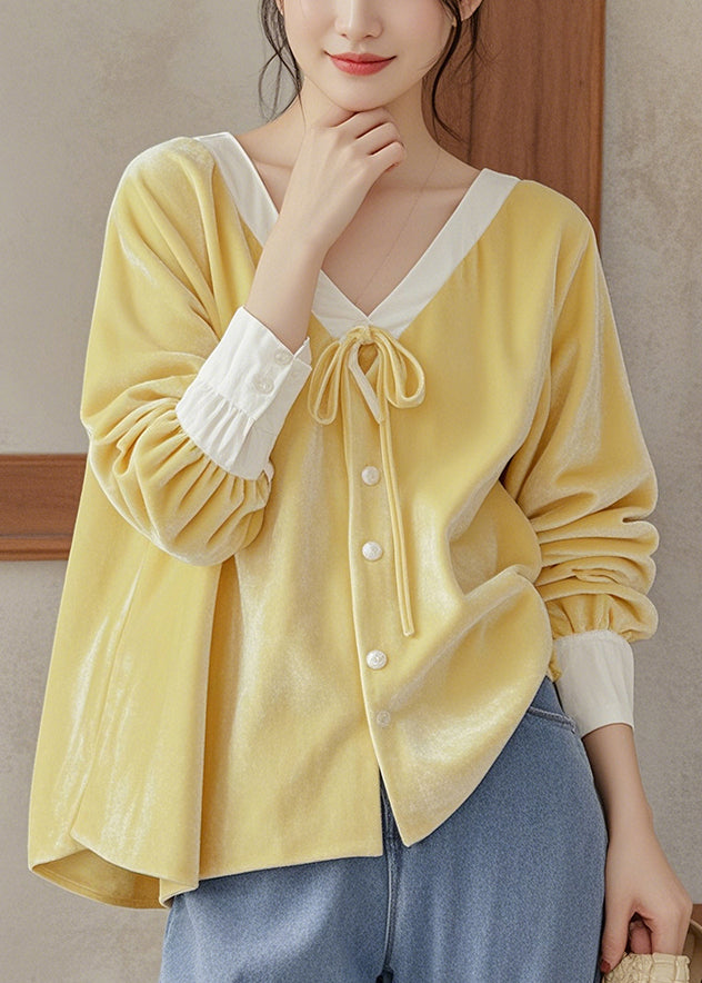 Haut chemise jaune français en velours de soie à lacets et col en V Automne WP025