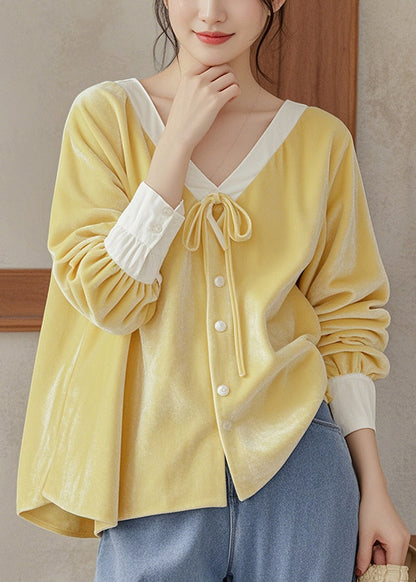 French Yellow V Neck Lace Up Silk Velour Shirt Top Fall WP025