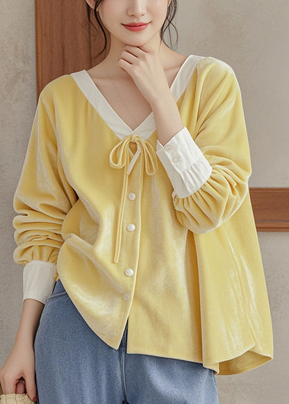 French Yellow V Neck Lace Up Silk Velour Shirt Top Fall WP025